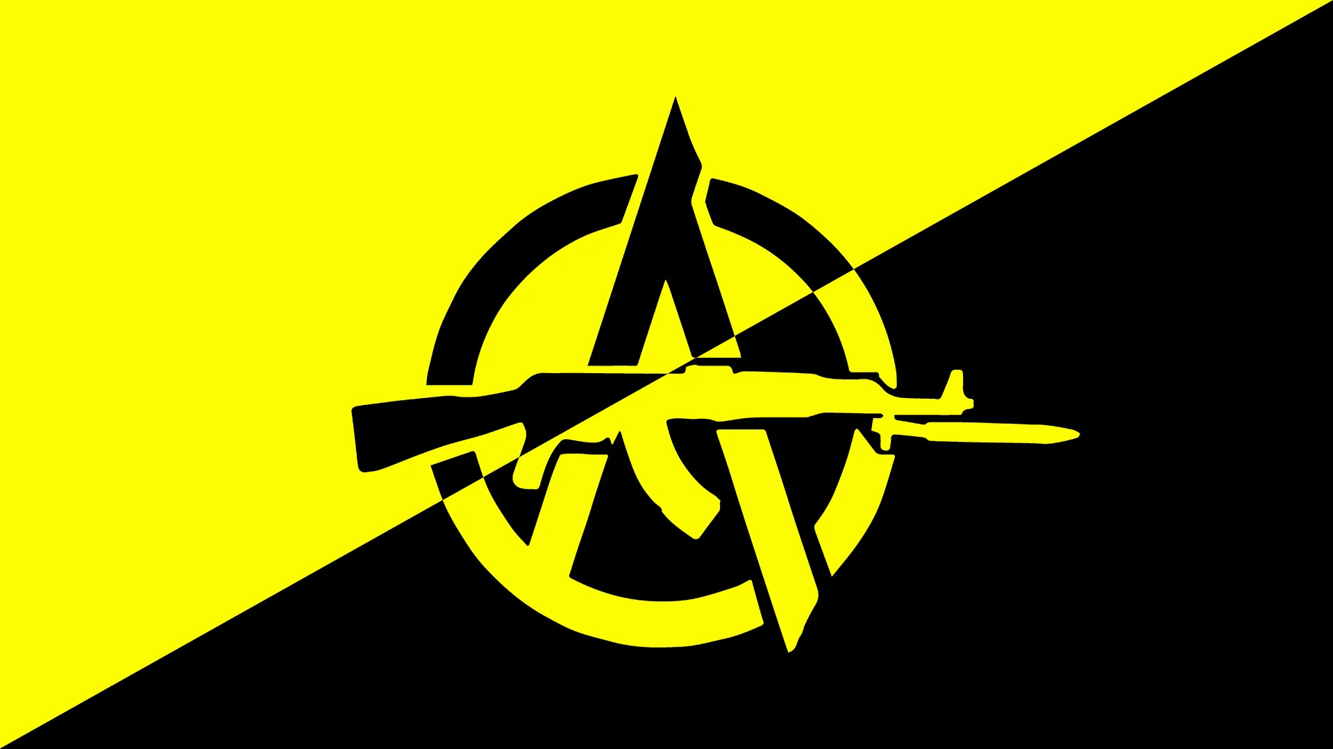 The anarcho-capitalist flag combined with the classic circle-A anarchy symbol and an AK-47, a common visual shorthand for the ideology online.