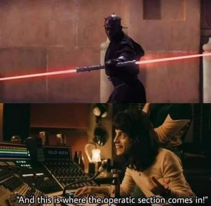 A crossover meme applying the operatic section punchline to Obi-Wan Kenobi watching Darth Maul reveal his double-bladed lightsaber in The Phantom Menace.