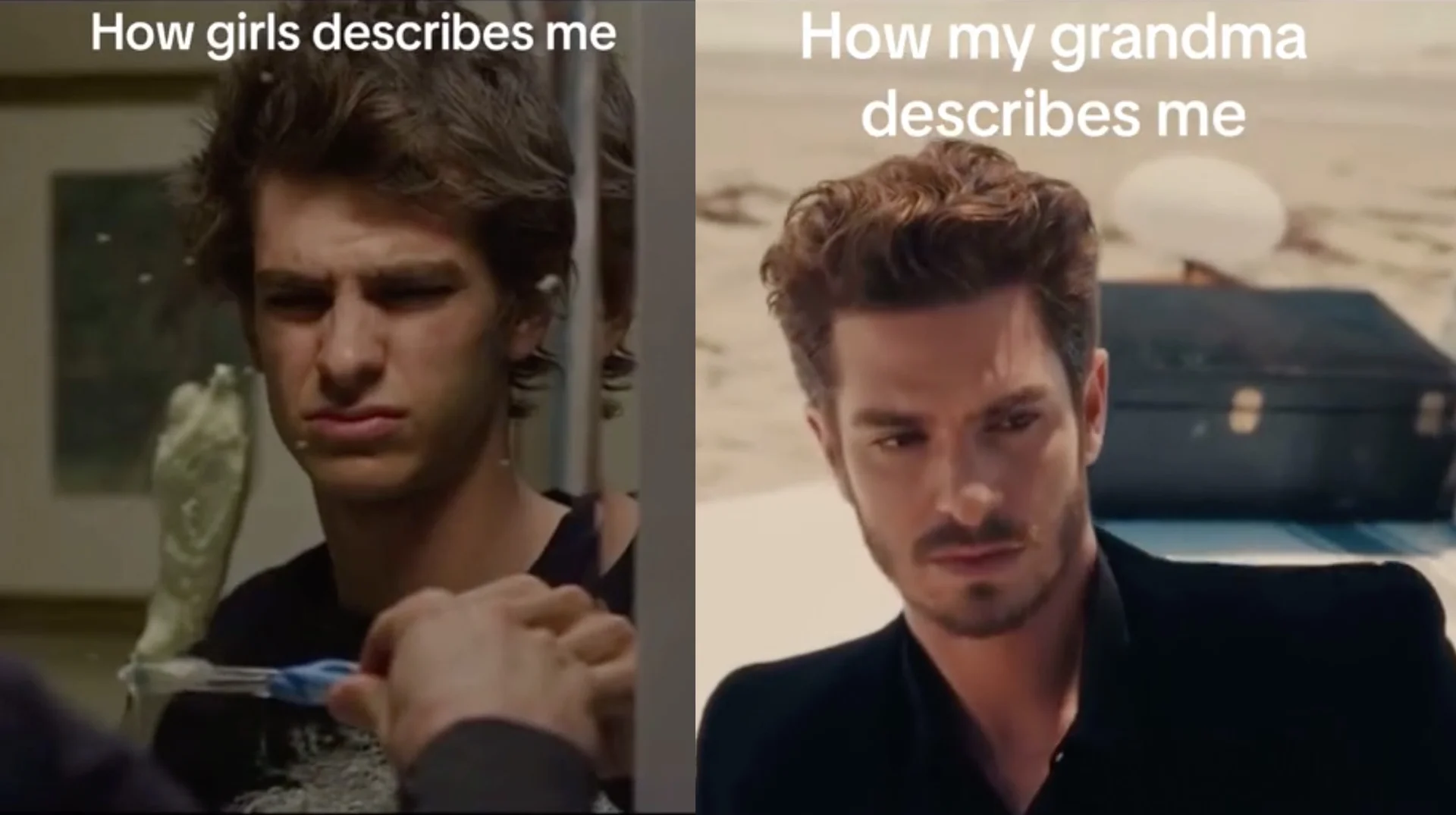 The viral Andrew Garfield beach transition meme, contrasting a scruffy younger appearance with a polished, cinematic beach-scene look to humorously depict differing perceptions.