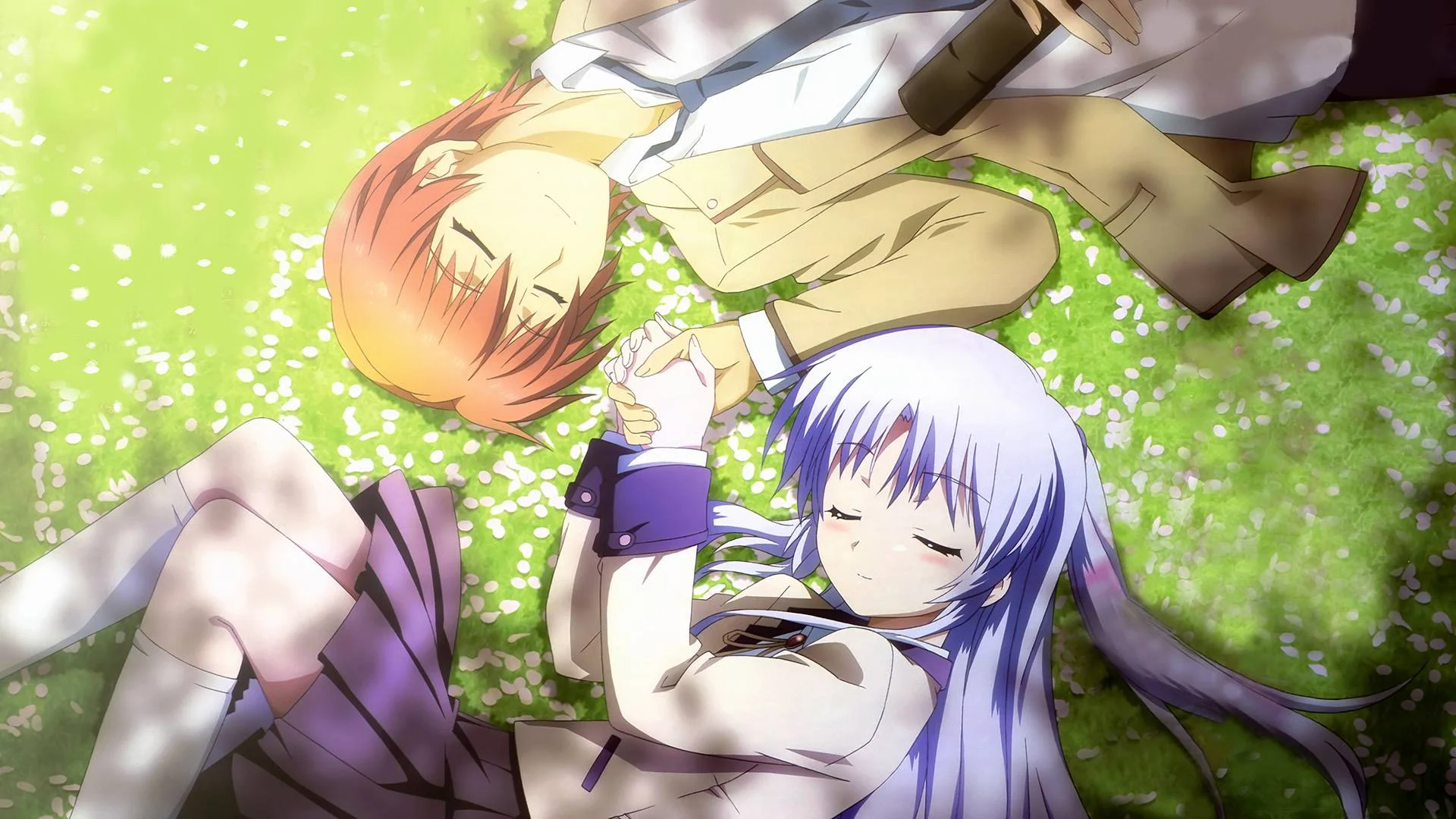 An iconic still from the anime Angel Beats!, showing Yui and Kanade in a serene grassy scene.