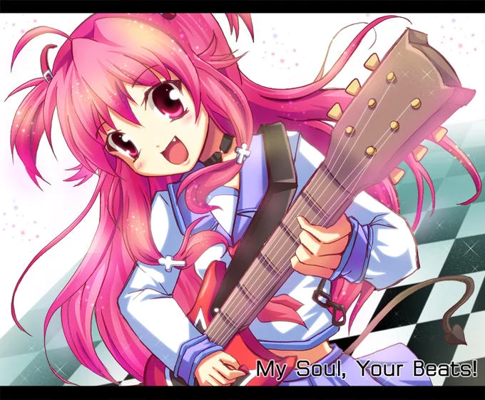 Yui, guitarist of the band Girls Dead Monster, depicted with a reference to the anime's opening theme 'My Soul, Your Beats!'