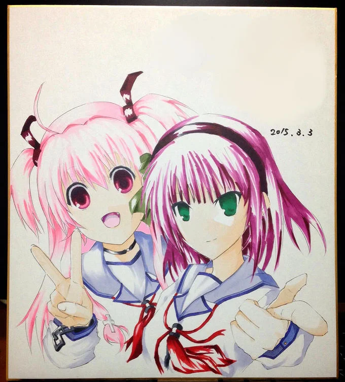 A hand-illustrated shikishi board featuring Yui and Yuri, drawn by a fan or artist in March 2015.
