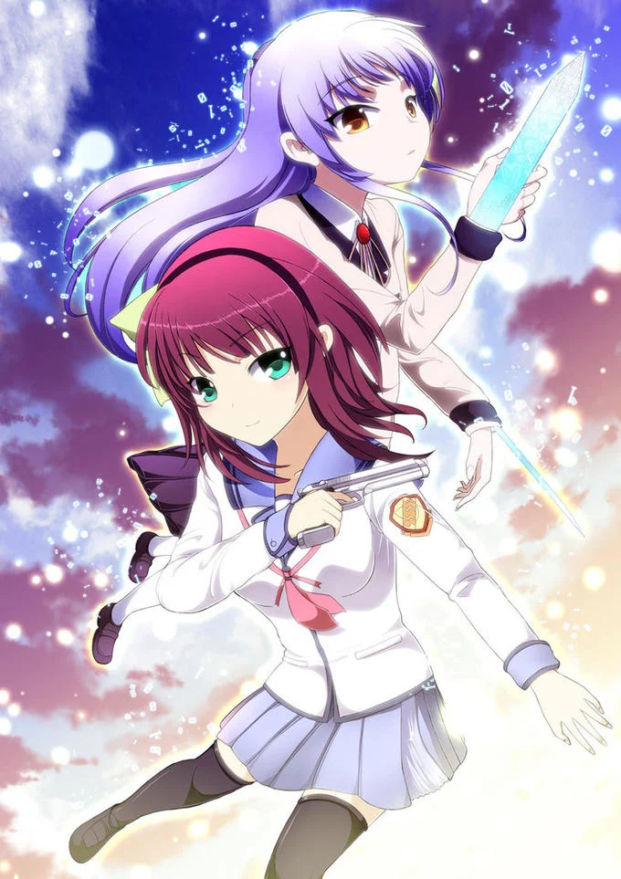 Dynamic illustration showing Yuri and Kanade wielding their signature weapons — a pistol and the Hand Sonic blade.