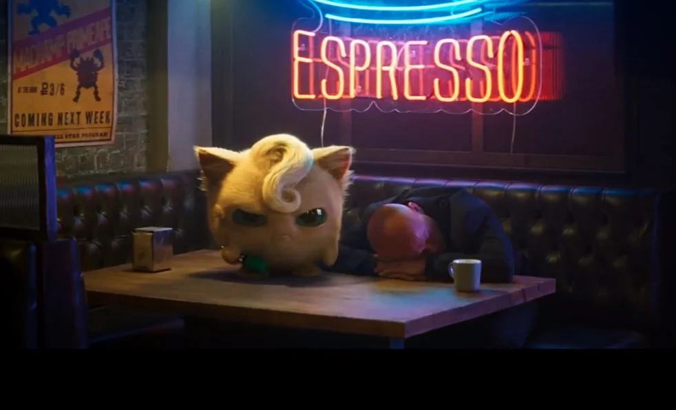 The origin scene: Jigglypuff from the 2018 Detective Pikachu movie trailer, glaring after singing a patron to sleep — the shot that launched the 'angry Jigglypuff' meme.