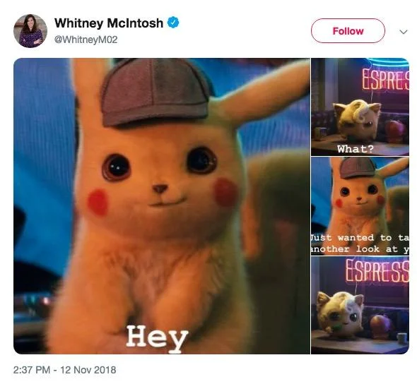 A fan-made exchange between Detective Pikachu and the grumpy Jigglypuff turning her scowl into a punchline.