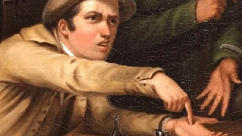 The source image for the meme: a cropped detail from a classical painting depicting a young man pointing accusingly at another figure's outstretched palm.