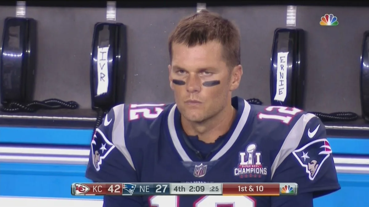 The original NBC broadcast screenshot of an angry-looking Tom Brady on the Patriots sideline that became the basis for the meme.