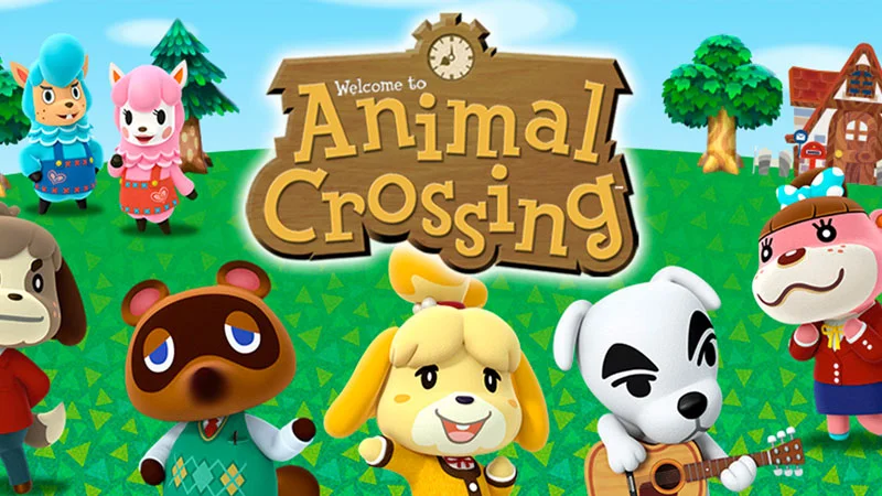 Promotional artwork showcasing the Animal Crossing logo and its beloved cast of anthropomorphic villagers.