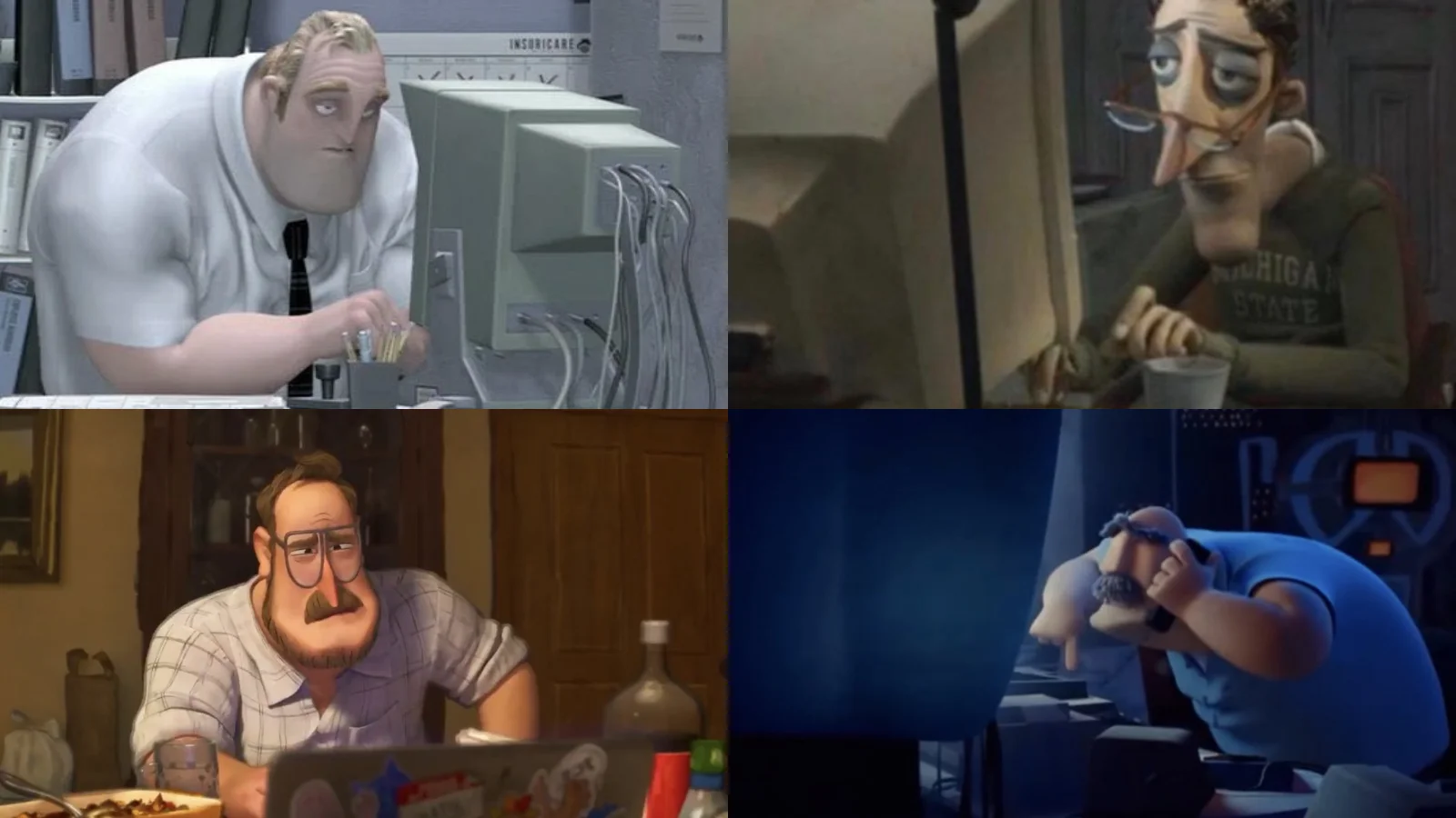 The Animated Dads on Computers meme cover, compiling four of the most iconic tired-dad-at-a-screen shots from animated films.