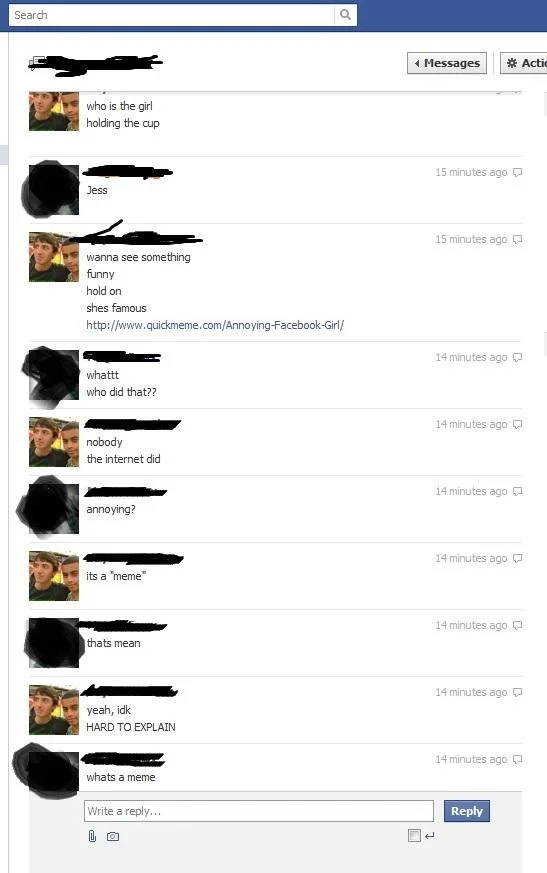 A Facebook conversation showing friends realizing the girl they know is the subject of the Annoying Facebook Girl meme.