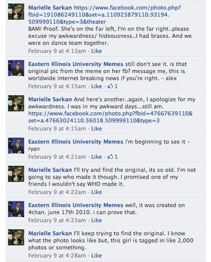 Marielle Sarkan publicly confirms on Facebook that she is the girl in the Annoying Facebook Girl meme, discussing its origins on 4chan.
