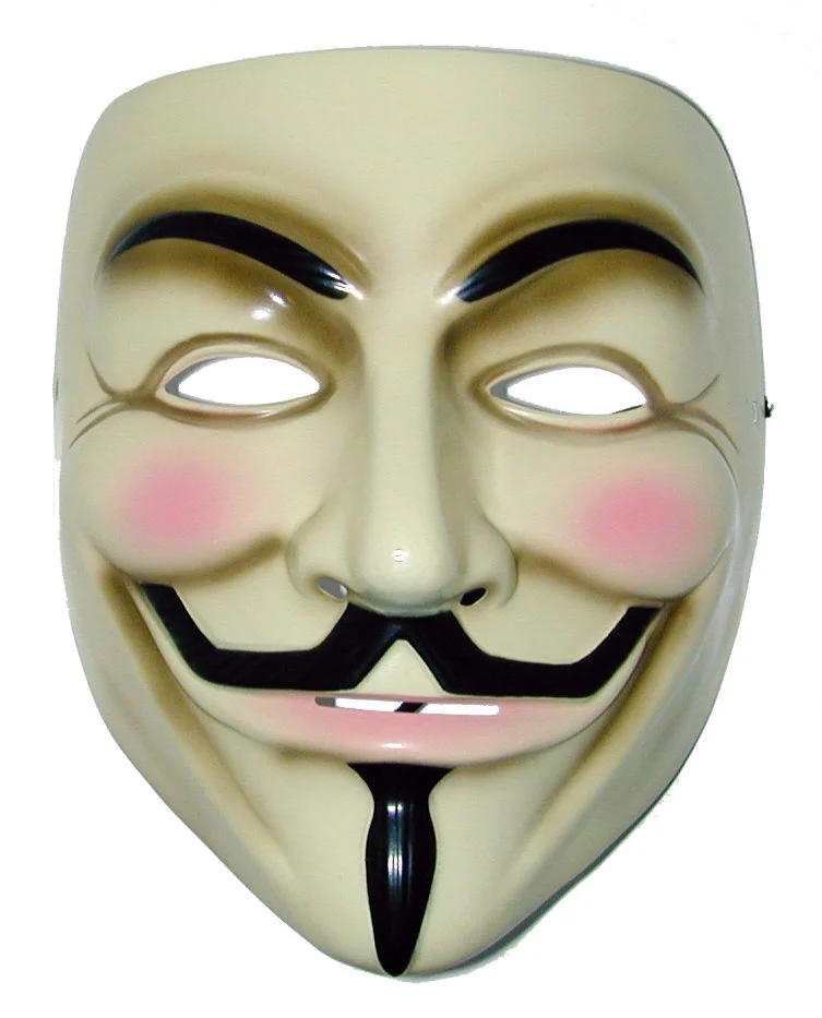 The Guy Fawkes mask popularized by the film V for Vendetta, adopted by the Anonymous collective as its defining visual symbol.