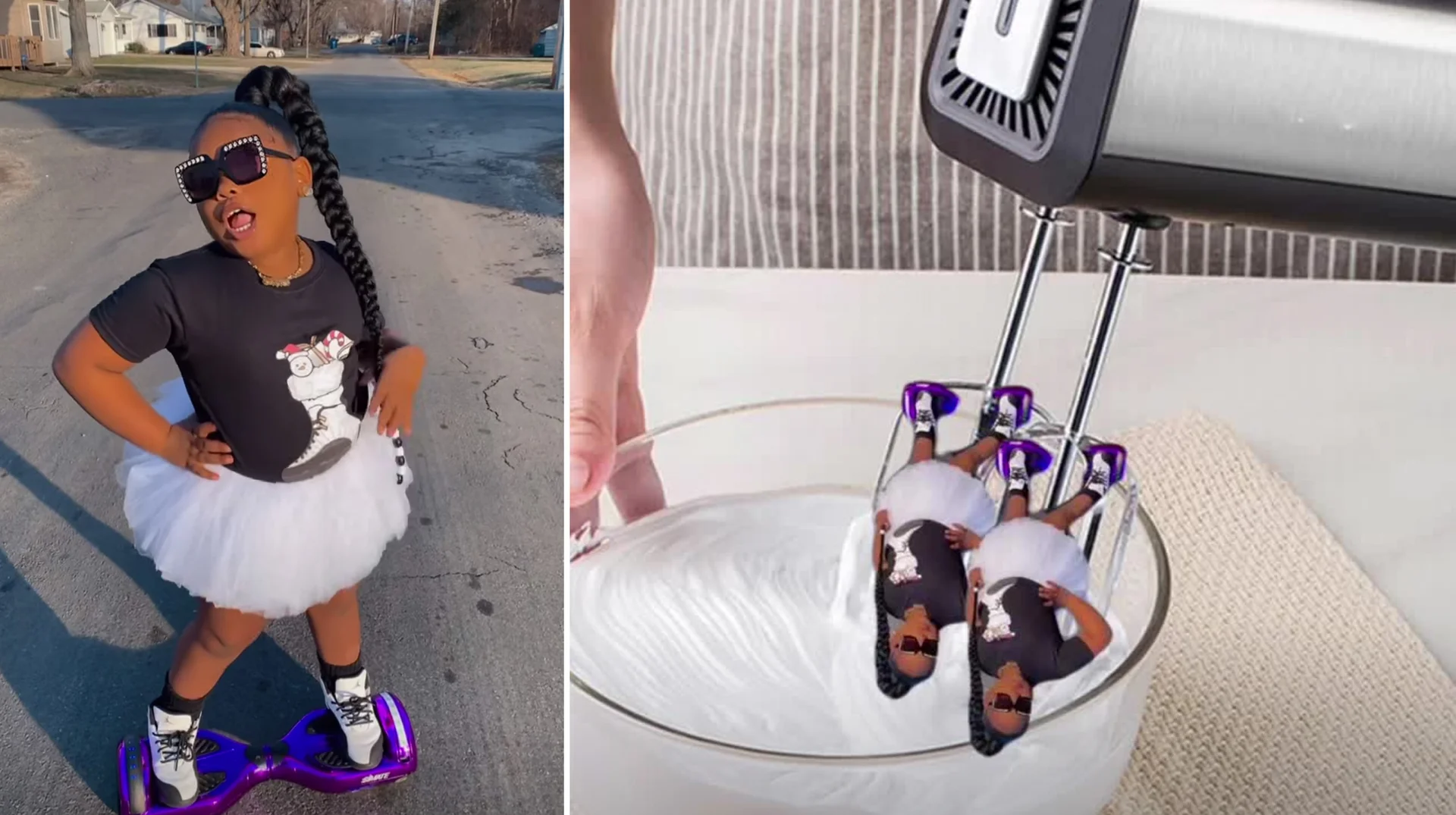 A viral TikTok still of a young girl striking a confident pose on a hoverboard, paired with the surreal edit of her miniature clones being whipped in a stand mixer, which became the signature visual of the 'another day, another slay' trend.