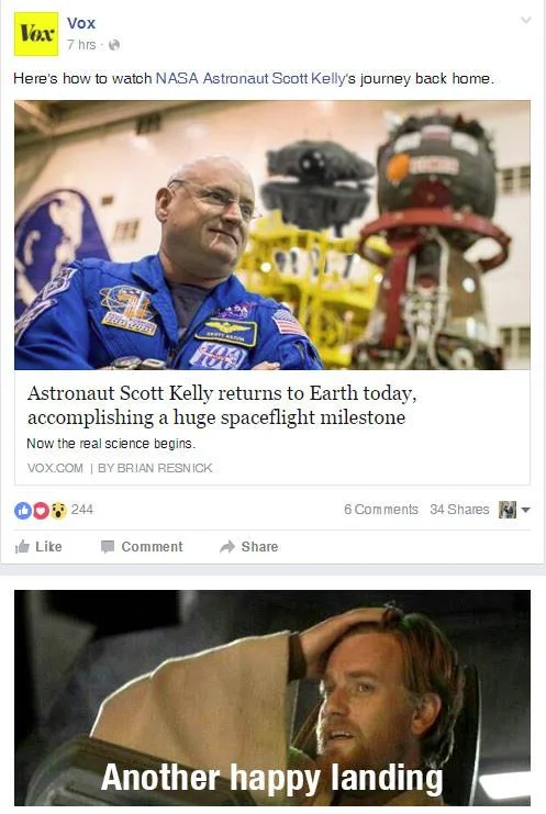 A Facebook share of a Scott Kelly return-to-Earth headline captioned with the 'Another happy landing' catchphrase.