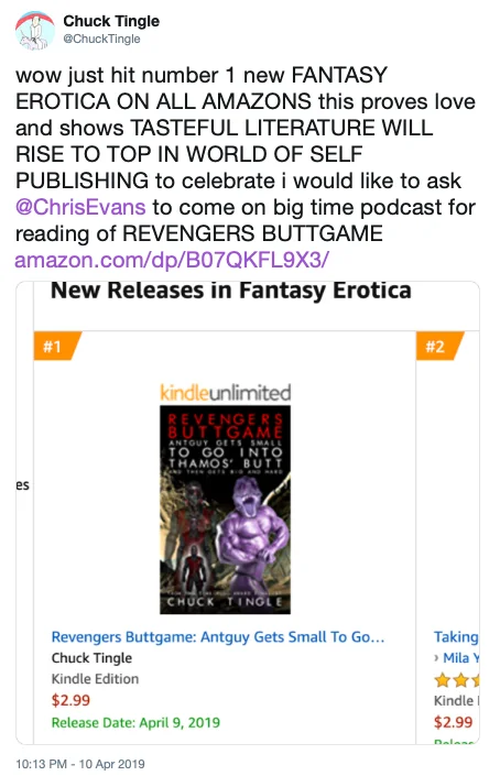 Chuck Tingle celebrates his meme-inspired book 'Revengers Buttgame' reaching the #1 spot in Amazon's Fantasy Erotica new releases.