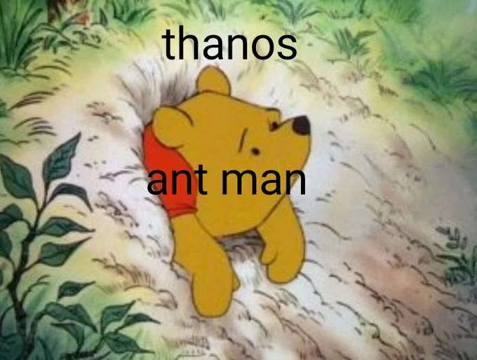 A Winnie the Pooh format meme illustrating the Ant-Man-inside-Thanos concept through the classic 'Pooh stuck in a hole' scene.