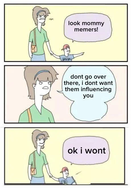 A comic anti-meme depicting a parent shielding a child from meme culture, a self-aware jab at meme fandom.