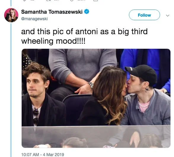 An early viral tweet from Samantha Tomaszewski describing Antoni as a 'big third wheeling mood.'