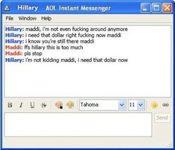 AOL Instant Messenger chat window meme showing simulated conversation with classic blue interface and message bubbles