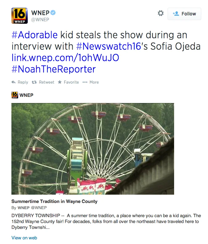 WNEP's original tweet sharing the Noah Ritter interview, tagged #NoahTheReporter, which helped the clip go viral in August 2014.