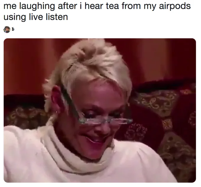 A joke meme about the paranoia the AirPods Live Listen eavesdropping trick would inspire, using the popular side-eyeing dog reaction image.