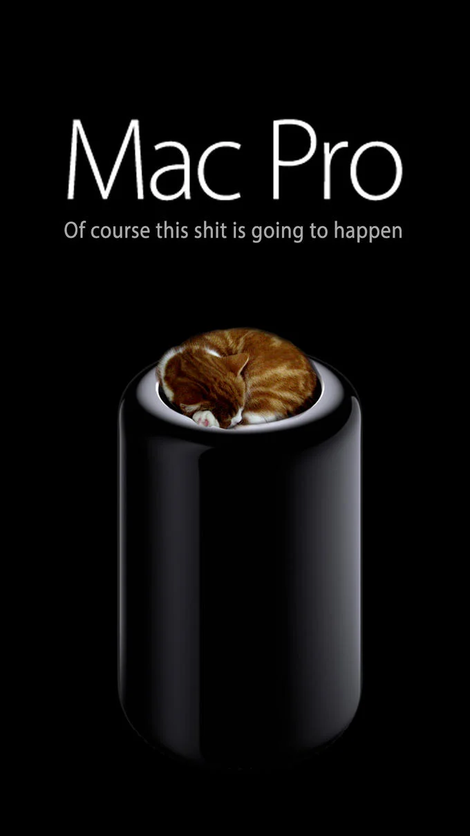 A parody Apple ad predicting that cats would inevitably nap inside the cylindrical Mac Pro.
