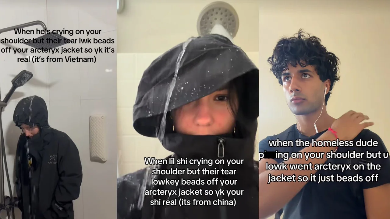 A compilation of TikTok videos demonstrating the water-beading property of Arc'teryx jackets, paired with captions joking that a friend's tears beading off the jacket proves it's genuine (not from Vietnam or China).