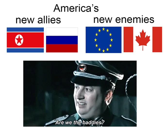 A political commentary meme using the template to critique shifts in U.S. foreign alliances.
