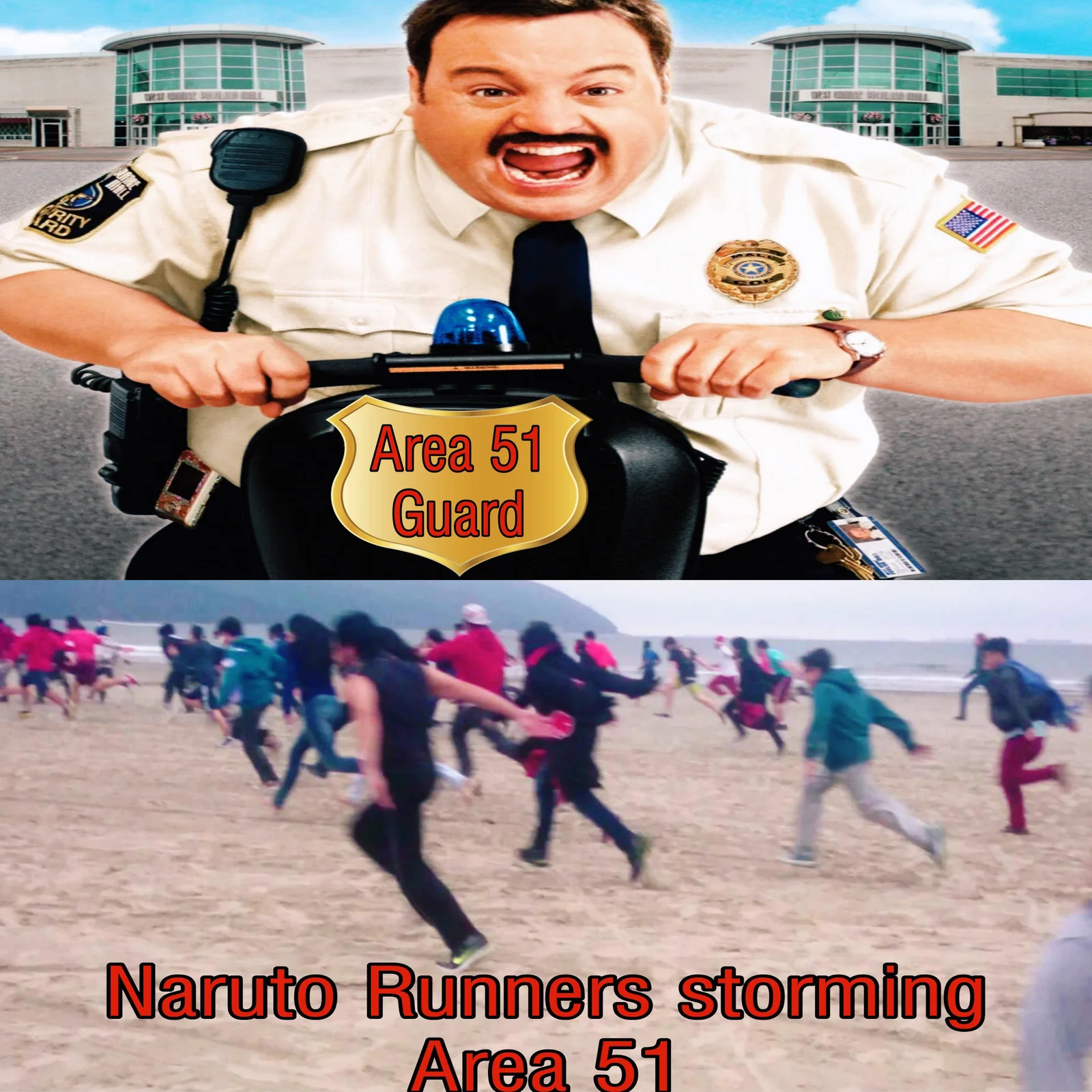 Area 51 guard above, multiple Naruto runners below in composite meme format