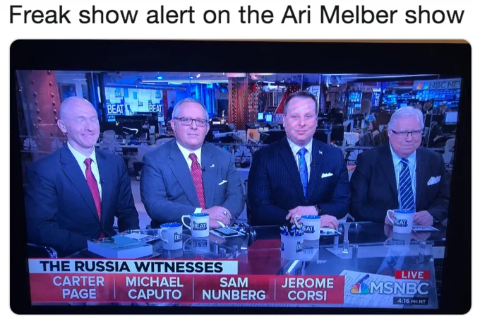 A reaction dubbing the four-witness roundtable a 'freak show,' posted with a phone photo of the TV broadcast.