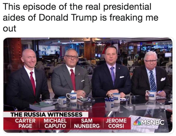 A reaction likening the MSNBC panel to a reality TV show, framing the four witnesses as cast members of 'The Real Presidential Aides of Donald Trump.'