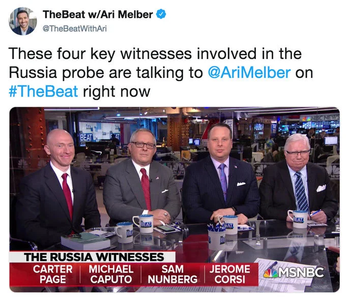 The original tweet from The Beat with Ari Melber that promoted the four-witness panel, which quickly went viral as a meme template.