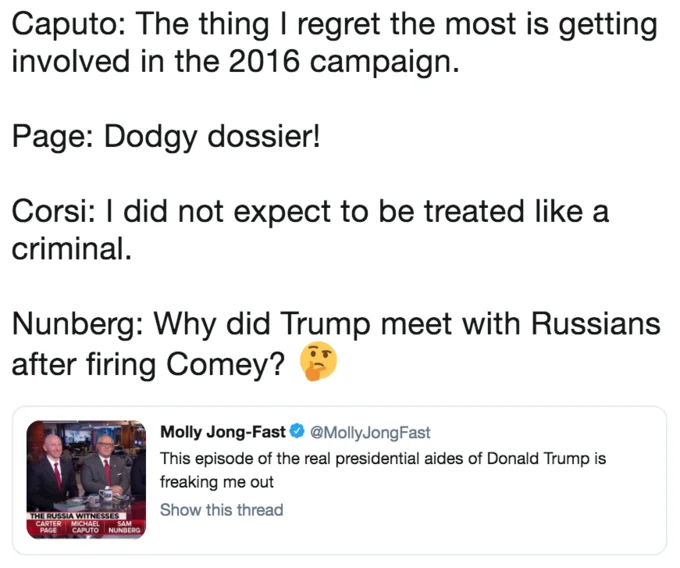A summary of headline-grabbing quotes from each of the four witnesses during the Ari Melber panel, shared alongside Molly Jong-Fast's reaction.