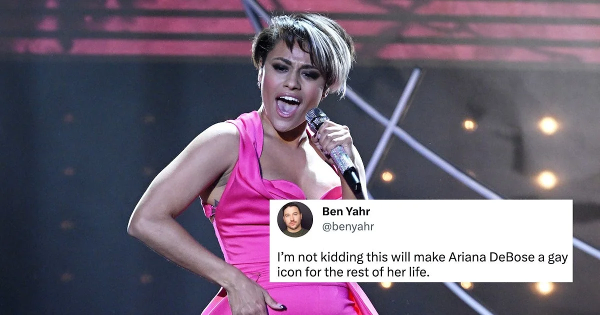 The iconic pink dress performance.