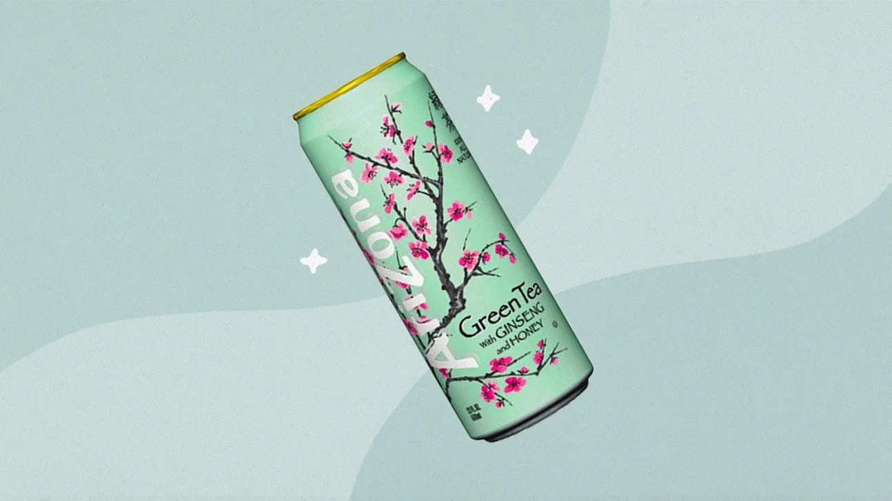 The iconic Arizona Green Tea can, known for its cherry blossom design and its famously low 99-cent price tag.