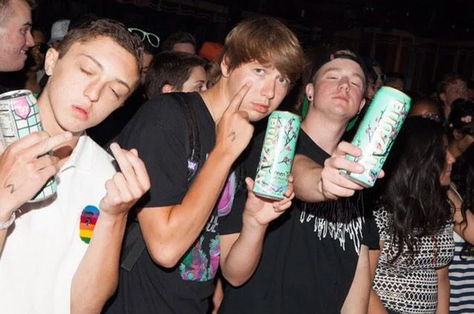 Teens flexing cans of Arizona Iced Tea at a party — an image emblematic of the drink's status as a Gen Z and millennial cultural staple.