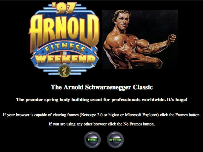 Homepage of the 1997 Arnold Fitness Weekend website promoting the Arnold Schwarzenegger Classic bodybuilding competition.