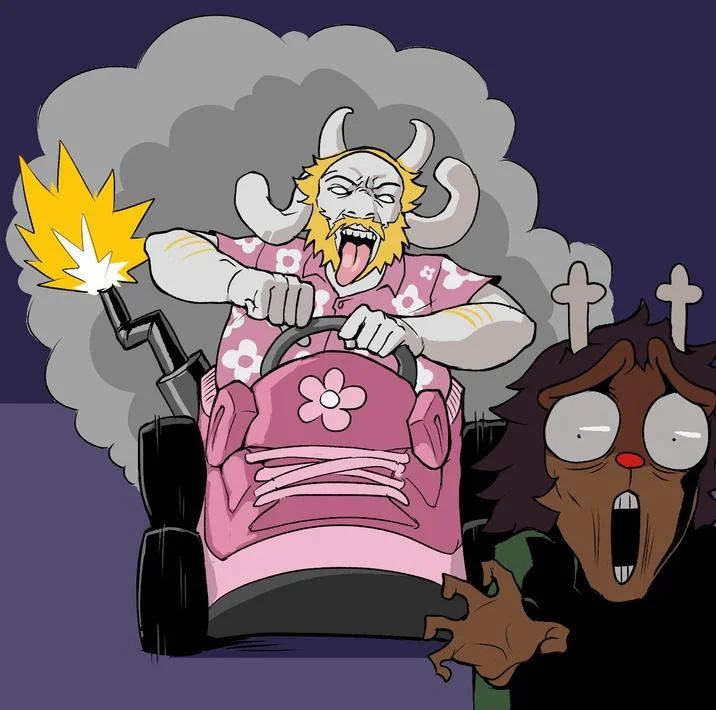 Fan art depicting Asgore joyfully running over Dess in a pink flower-covered car, a definitive visual of the meme.