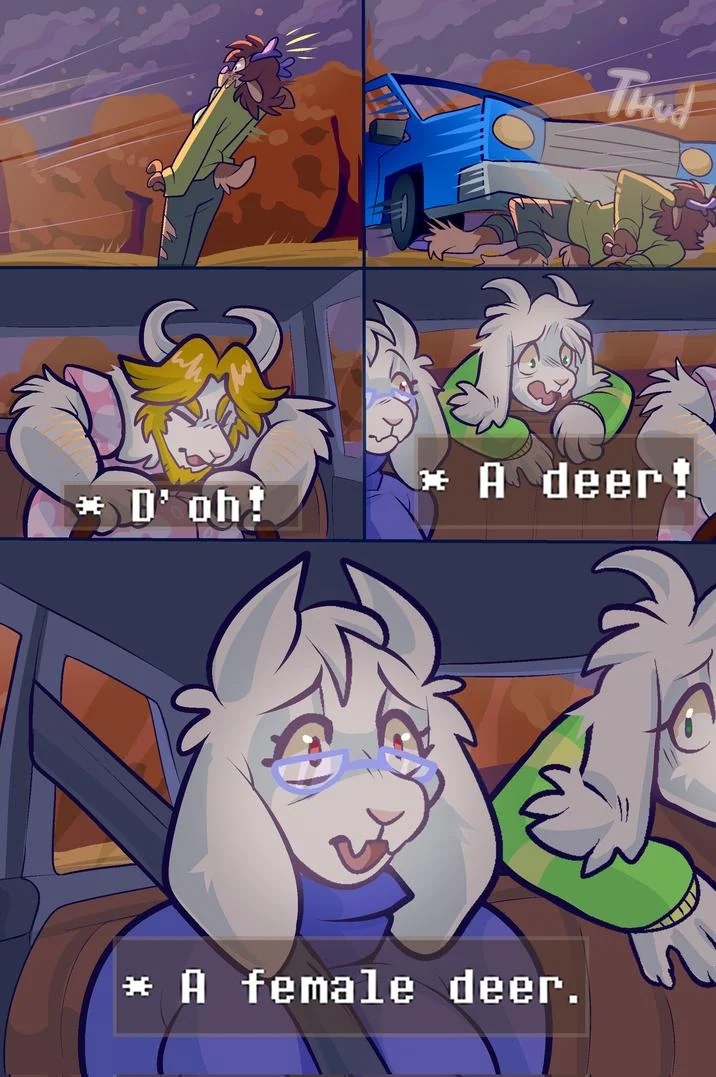 Fan comic pairing the Asgore Runs Over Dess theory with the 'Do, a deer, a female deer' Sound of Music joke.
