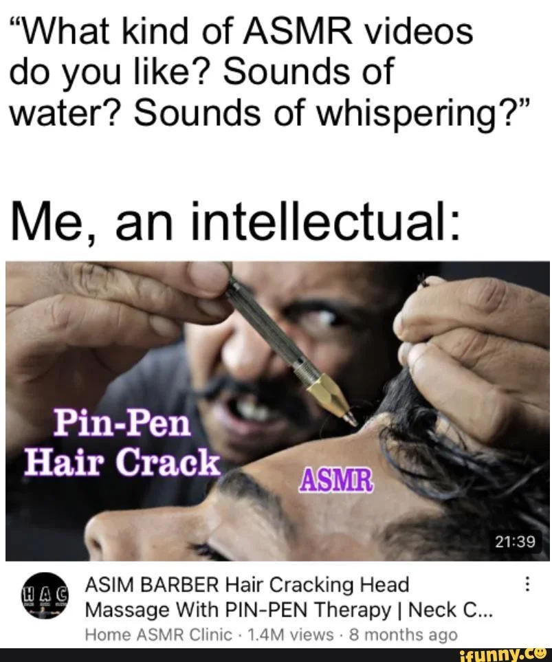 ASMR preferences meme contrasting mainstream sounds with obscure hair cracking ASMR barber video