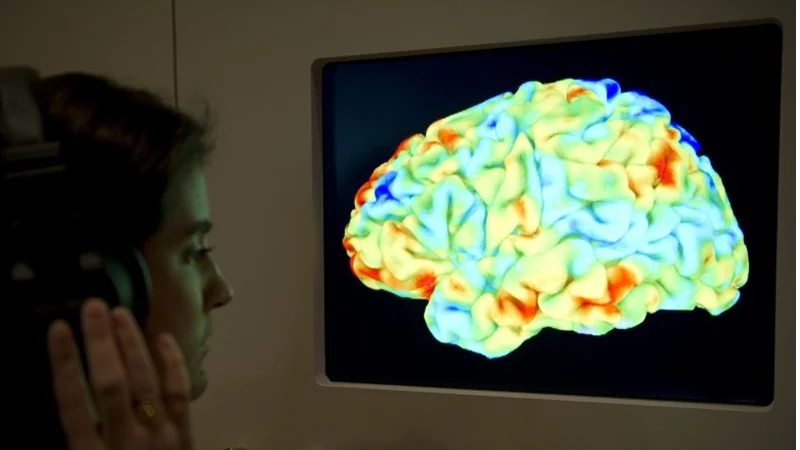 A researcher observes a brain activity scan, illustrating the neurological response associated with ASMR.