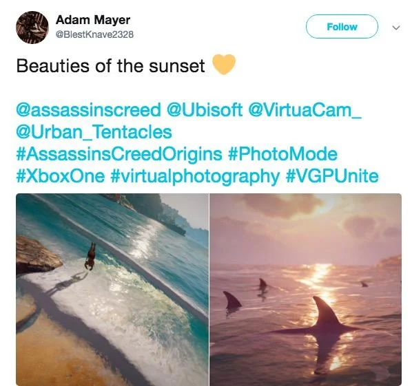 A tweet from @BlestKnave2328 featuring Photo Mode sunset captures — tagged for Assassin's Creed Origins rather than Odyssey.