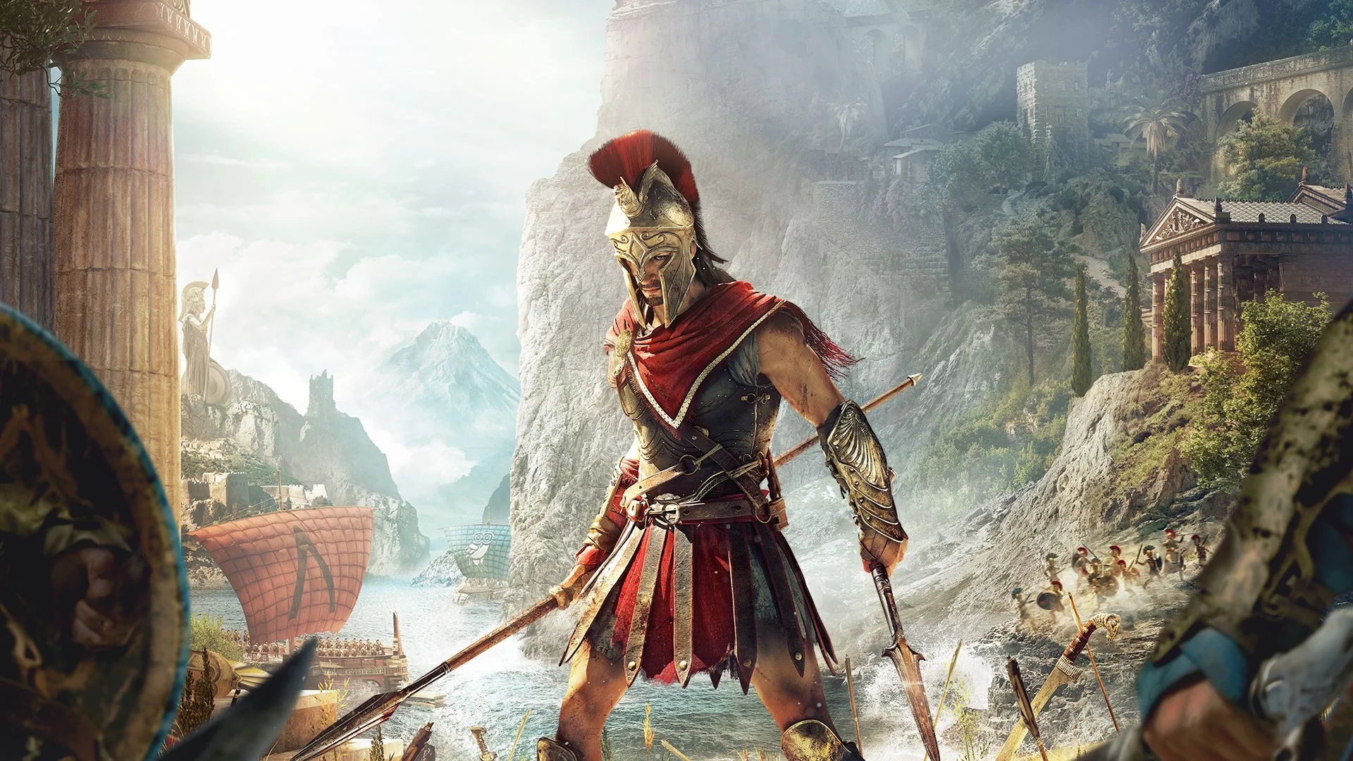 Official promotional key art for Assassin's Creed Odyssey, depicting a Spartan protagonist against a backdrop of ancient Greece.