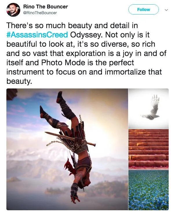 A tweet from @RinoTheBouncer showcasing Photo Mode captures from Assassin's Creed Odyssey.