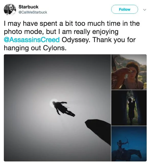 A tweet from @CallMeStarbuck sharing artistic Photo Mode captures from Assassin's Creed Odyssey.