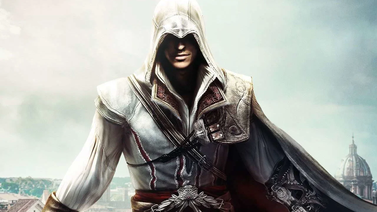 Promotional artwork of Ezio Auditore, the iconic protagonist of Assassin's Creed II, one of the franchise's most recognizable figures.