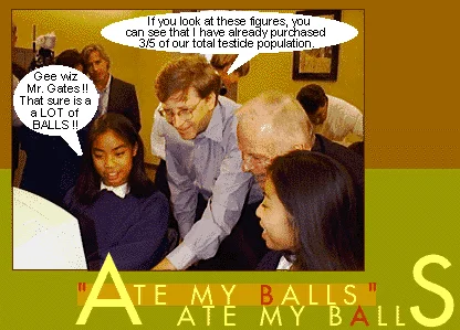 Crude 1990s shock humor style image with people discussing balls
