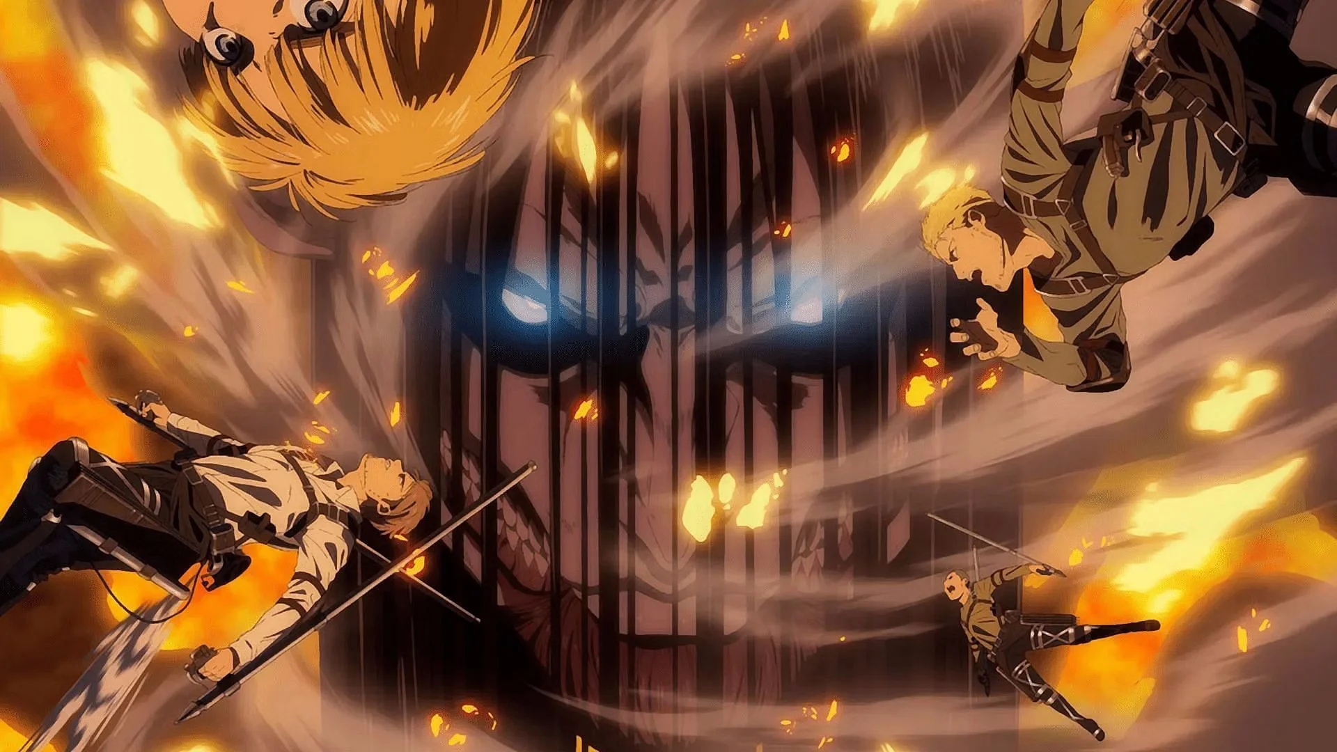 Key art from Attack on Titan depicting Survey Corps members engaging a titan in combat.