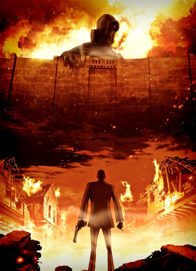 A crossover fan-made parody blending Hitman's Agent 47 into the iconic Attack on Titan poster composition.