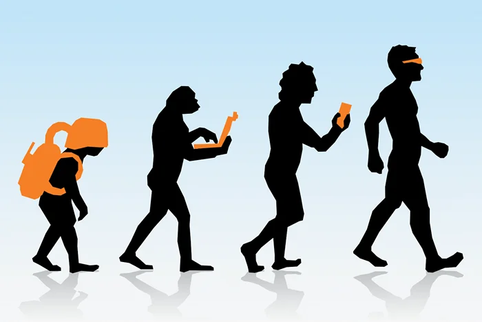An illustration parodying the classic 'evolution of man' with the final figure wearing an augmented reality visor, symbolizing the future of human-computer interaction.